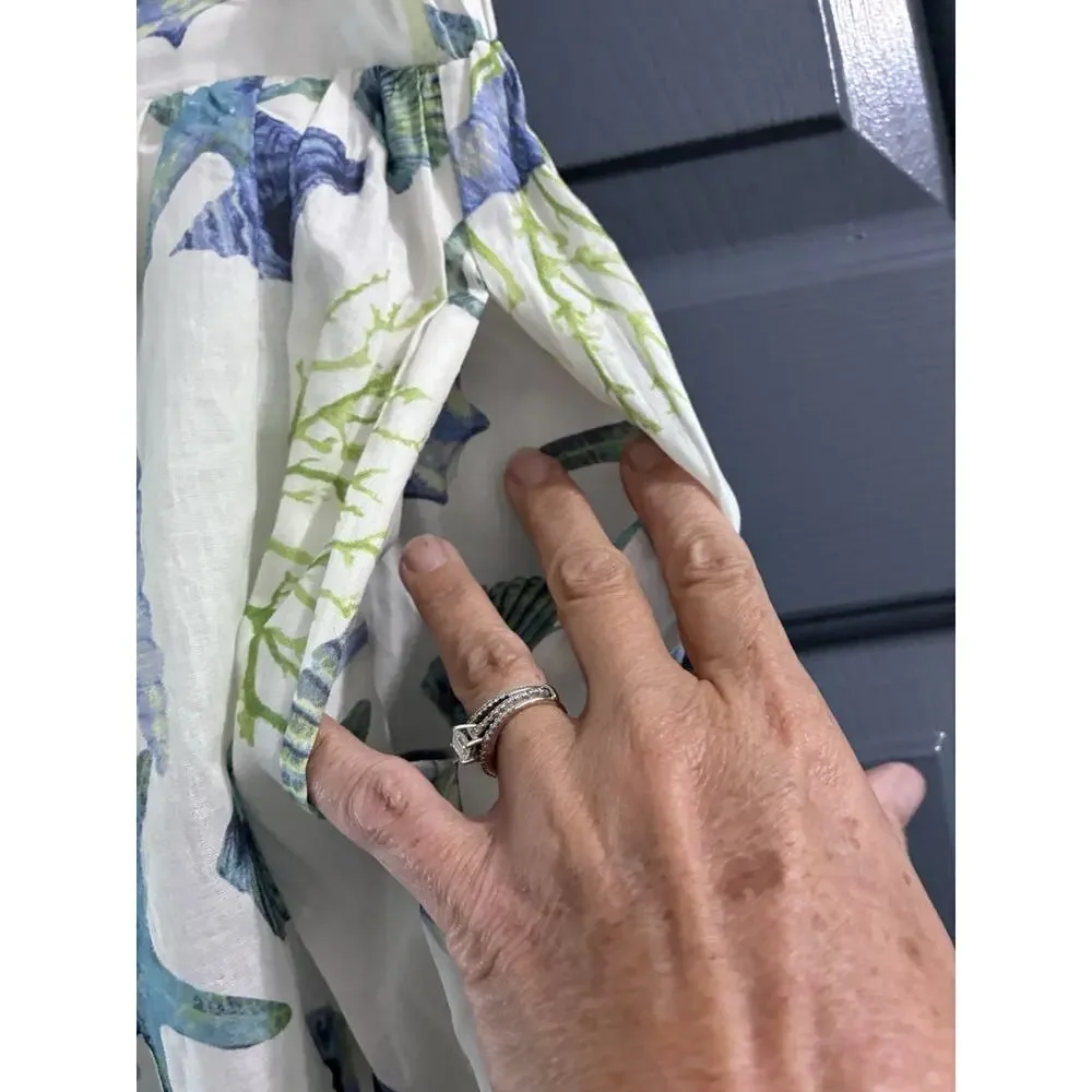 Elie Tahari Maxi Skirt A-Line size Small Sea Shells Cotton Pockets White Blue - Picture 4 of 9